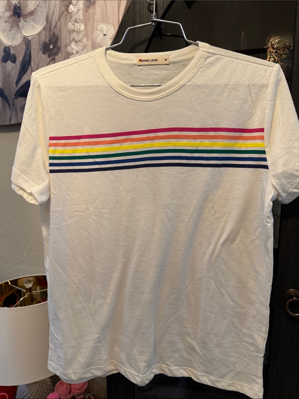 Marine Layer White Short-Sleeve Tee with Rainbow Chest Stripes